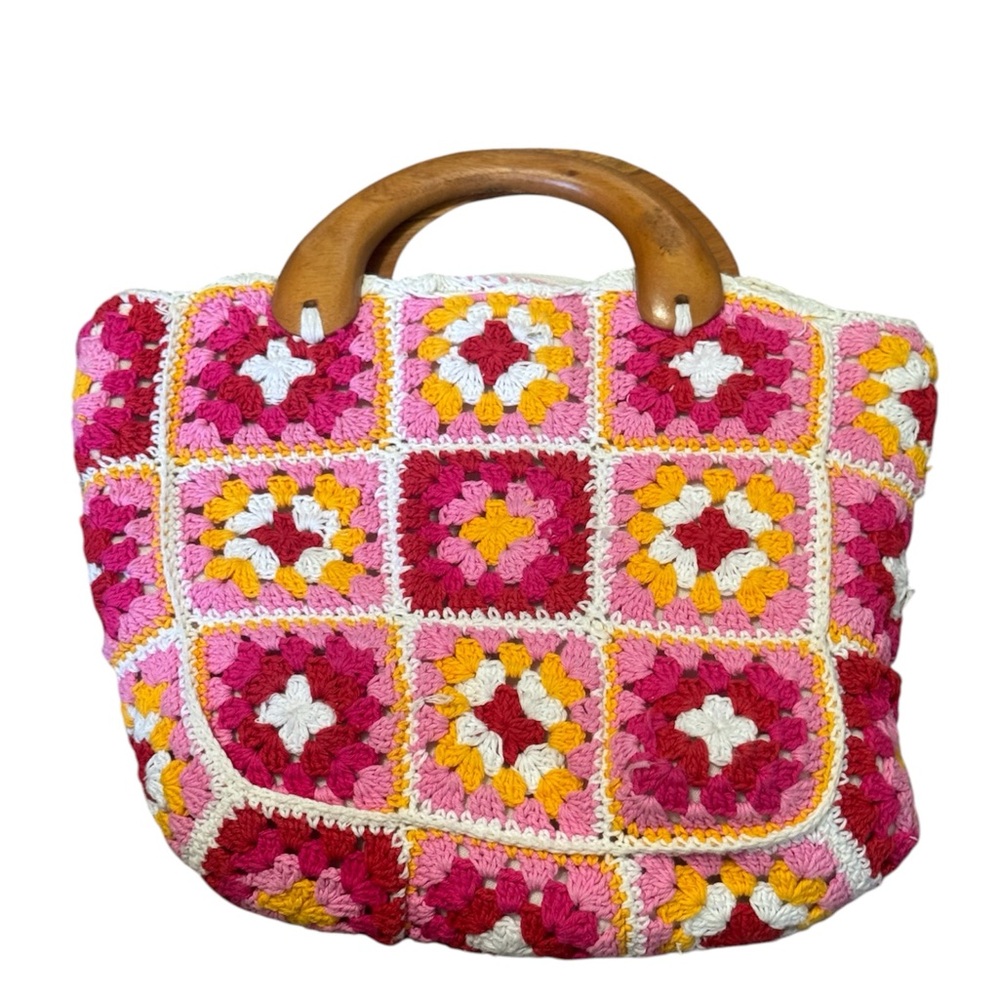 Street Level Handmade Granny Square Crochet Hand bag boho retro wood handles